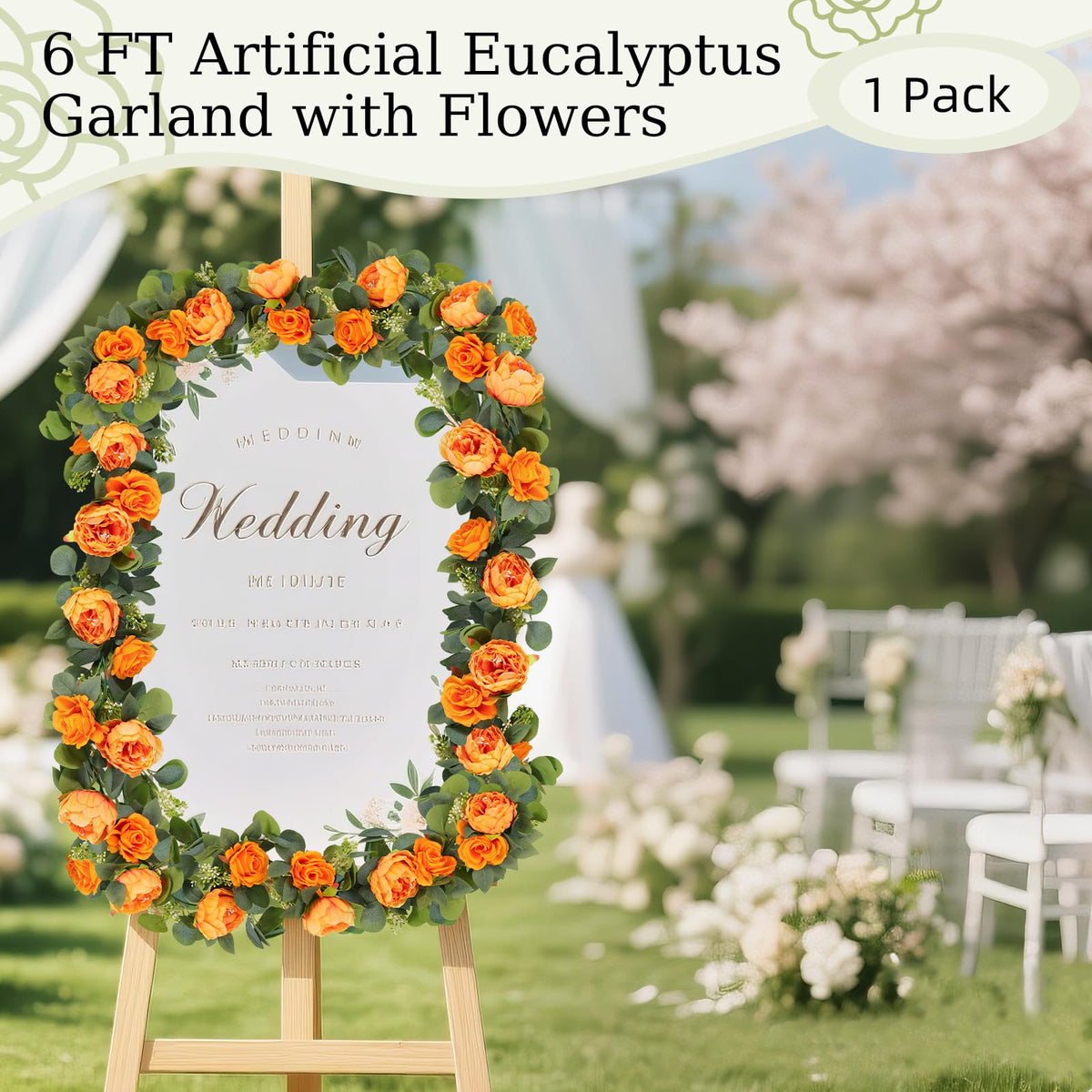 6FT Artificial Eucalyptus Garland with Flowers, Orange Peony, 1pcs