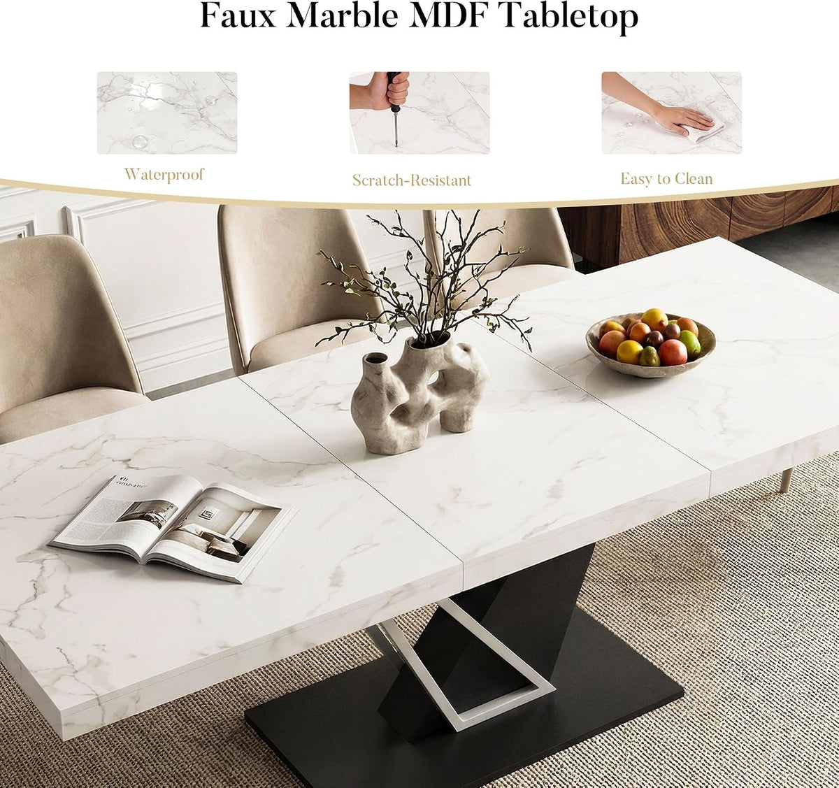 59'' to 78.7'' Extendable Dining Table for 4-8, Faux Marble Expandable Kitchen Table with Sturdy Metal Base