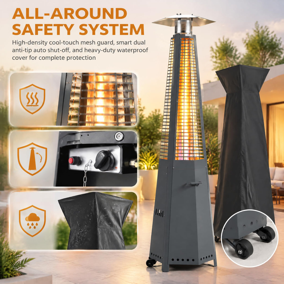 Hexagon Pyramid Patio Heater, 48, 000 BTU Stainless Steel Propane Gas Heater