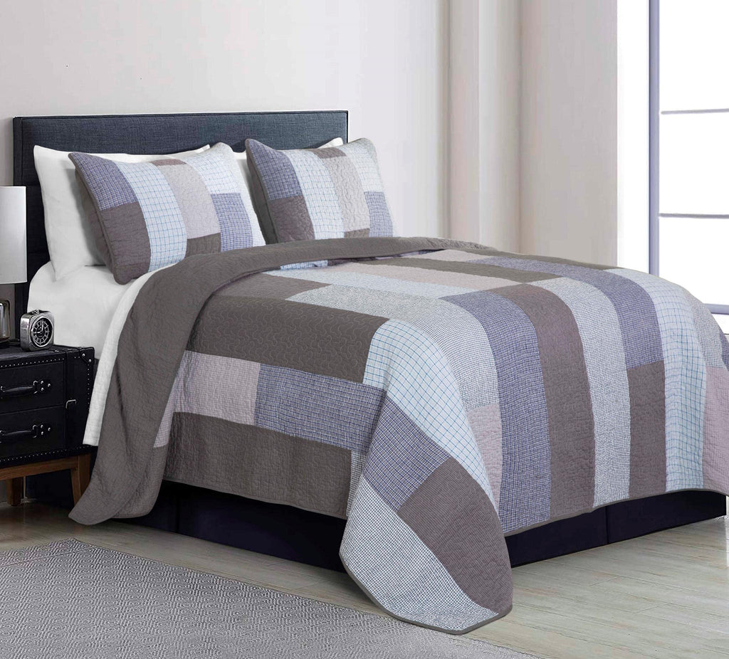 Sora 3-Piece Plaid Checkered Grid Patchwork Stripe Quilt Set - Soft Lightweight 100% Washed Cotton Bedspread for All