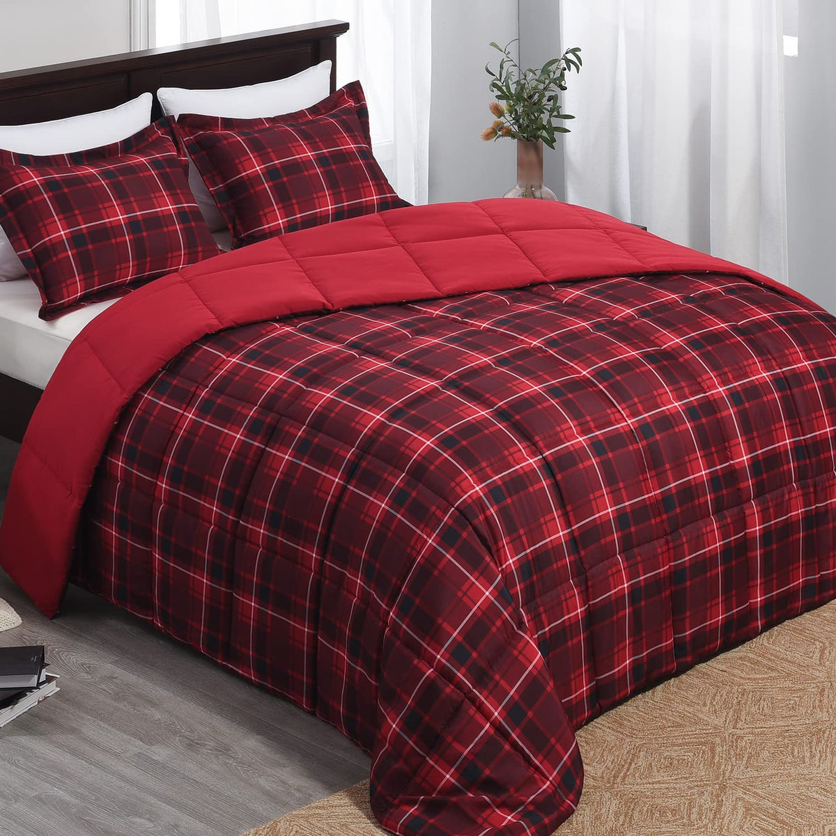 Comforter Set - Red and Black Buffalo Plaid Comforter Set Down Alternative Bed Comforter Set for