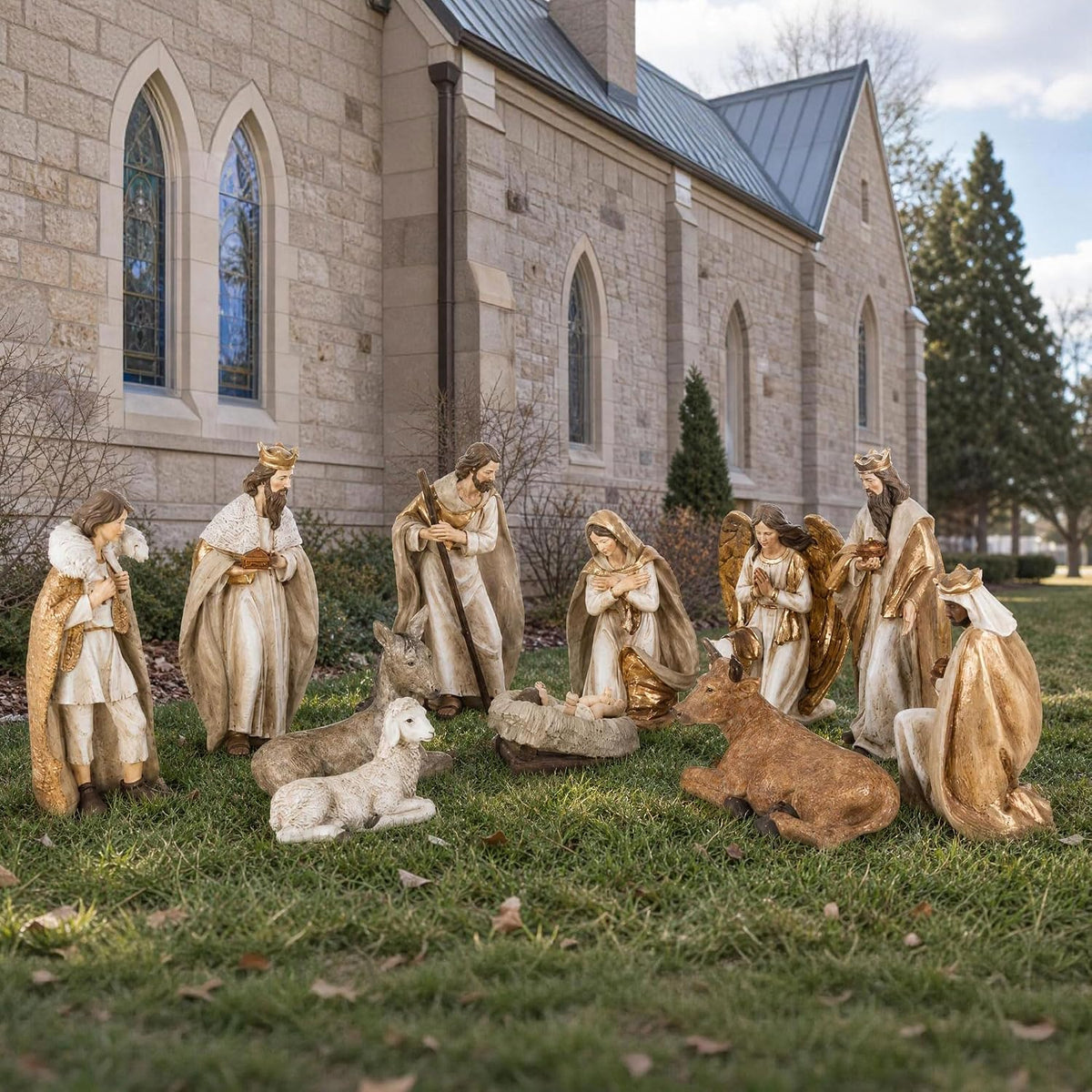 31.75"H Oversized Outdoor Nativity Set, 12-Piece Hand-Painted Large Resin Christmas Nativity Scene Figurine Set, Gold