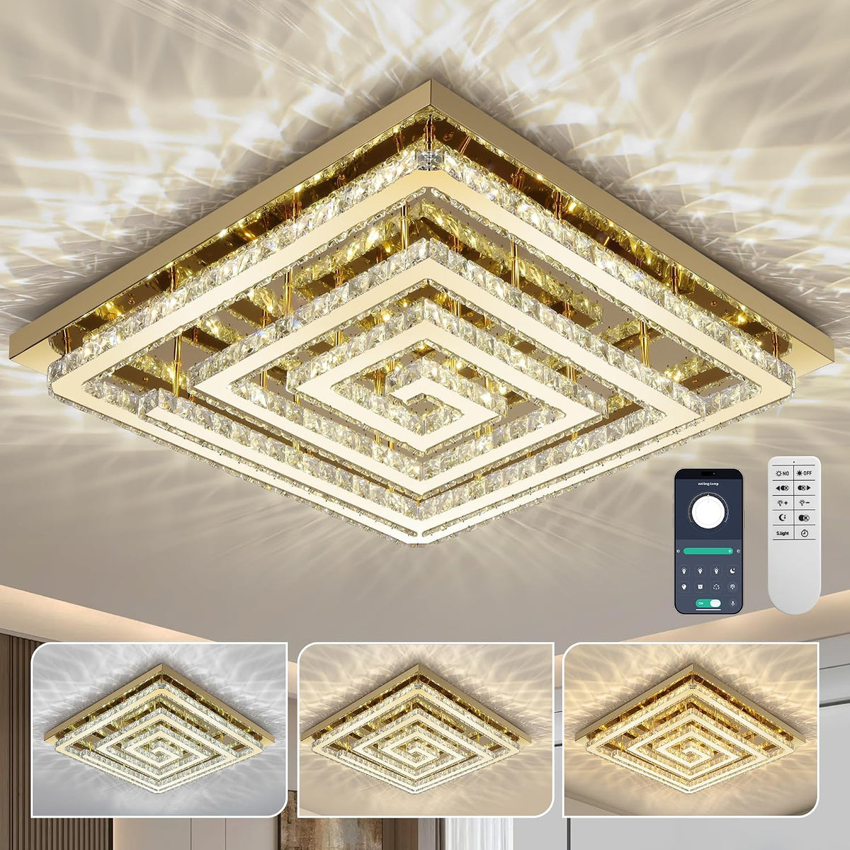 43 Inch Smart Gold Crystal Chandelier with Remote and App Control