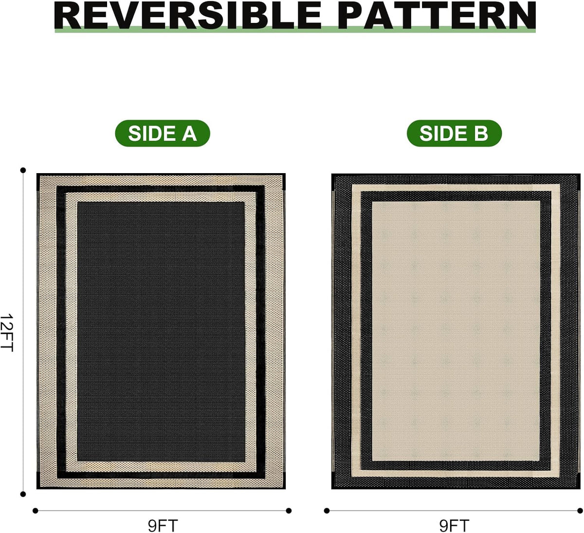 Outdoor Rugs Waterproof s Clearance,Large Plastic Straw Mats for Backyard,Porch,Deck,Balcony,Black&Beige