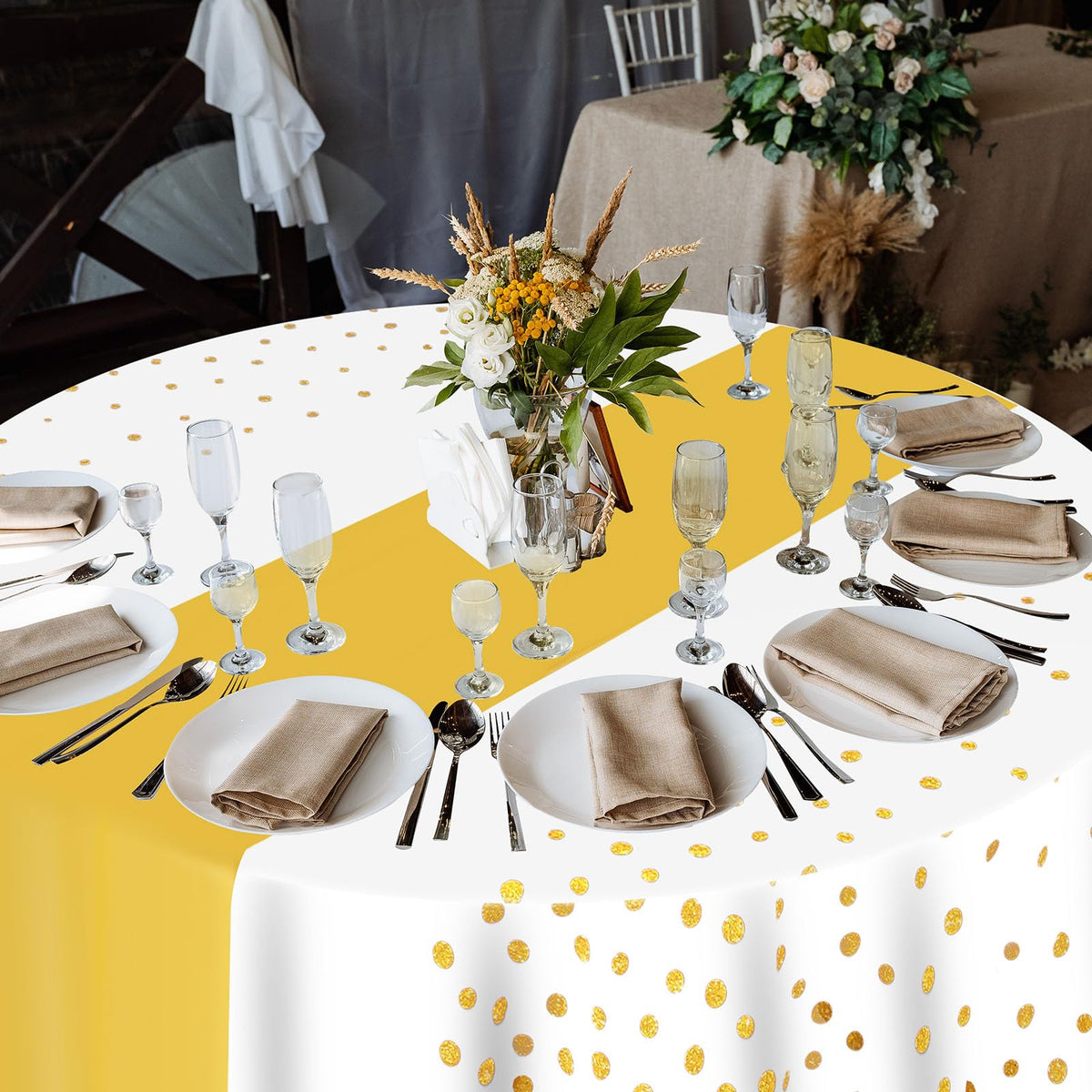 84inch Round Disposable Polka Dot Cover, White, Gold, 6 Pcs