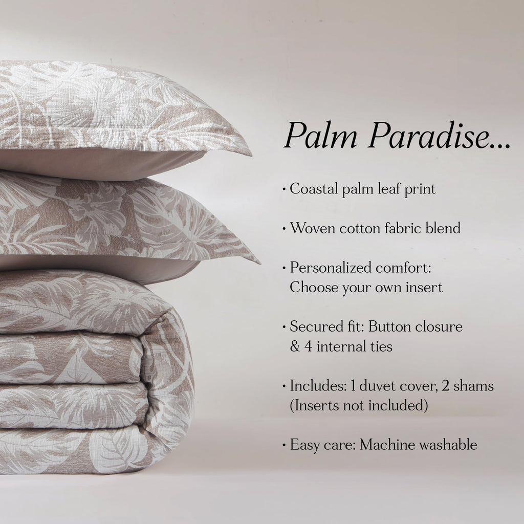 Bali Tropical Leaves Gauze Jacquard Duvet Cover 3 Piece Set Full/Queen Neutral - Tropical Bedding Sets - Brown Duvet