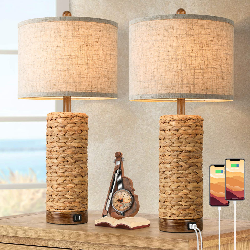 27Inch Tall Rattan Table Lamps Set of 2 with 2 USB Ports