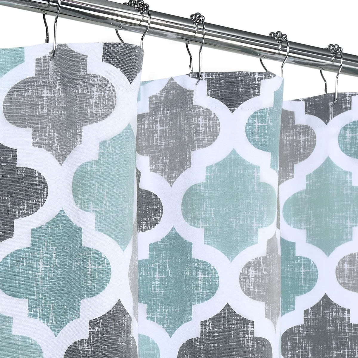 Fabric 84 Inch Long, Geometric Quatrefoil Pattern Poly-Cotton Farmhouse Extra Long, Aqua/Mint/Grey, 72x84 Inches