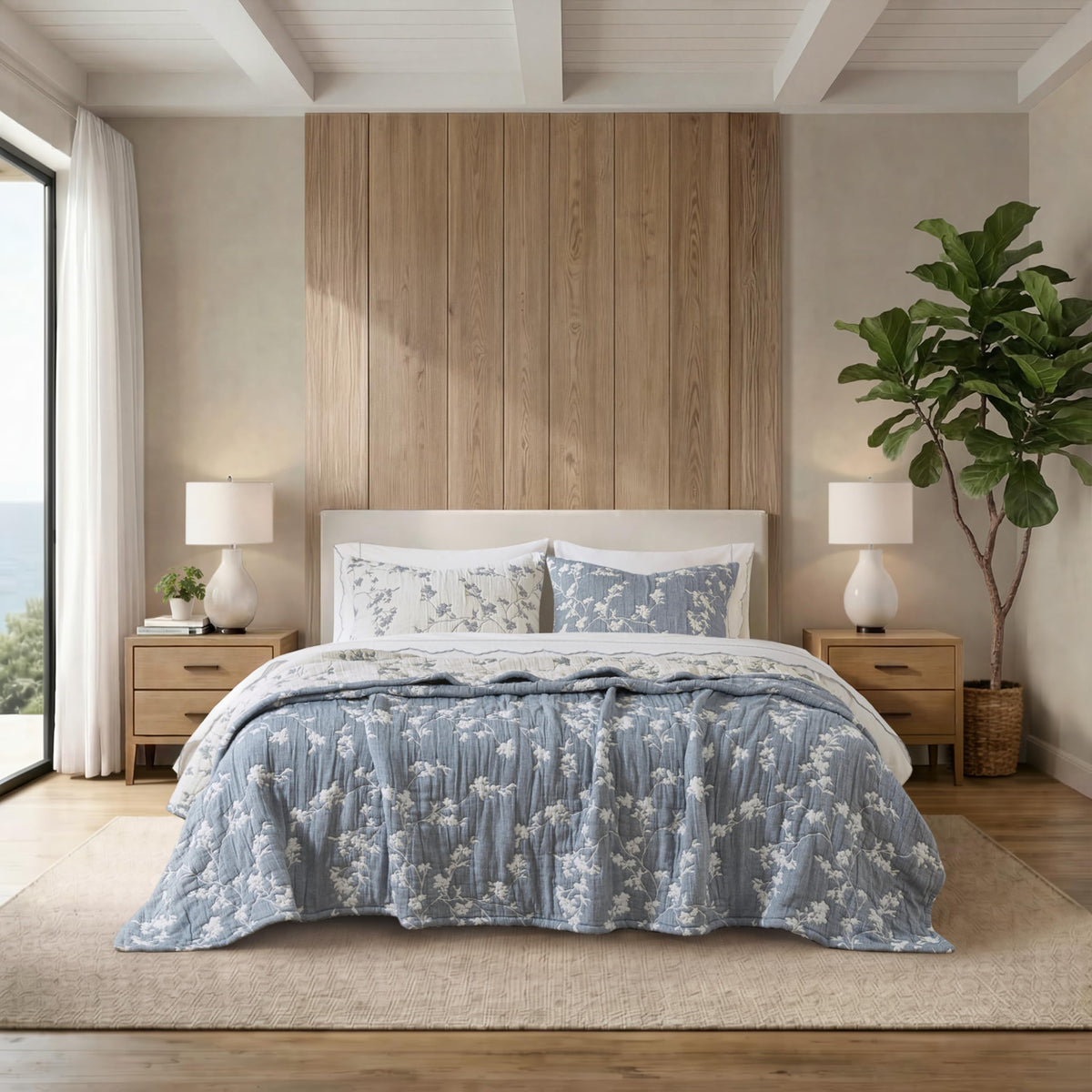 Botanical Cotton Jacquard Quilt Set, Reversible Textured Floral Bedding, 480GSM All Season Bedspread Coverlet