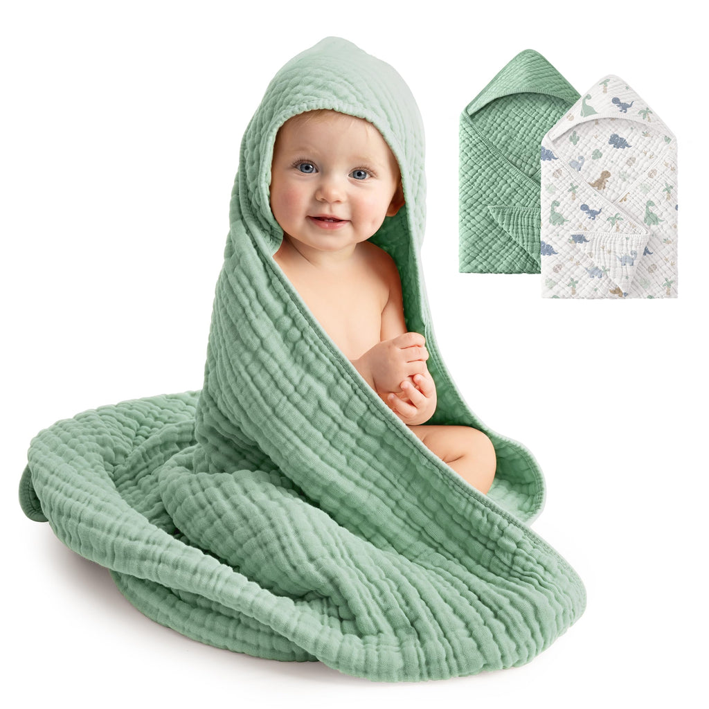 Baby Bath Towels, 100% Muslin Cotton Hooded Baby Towels for Newborn, 2 Pack Baby Towels with Hood for Infant Toddler
