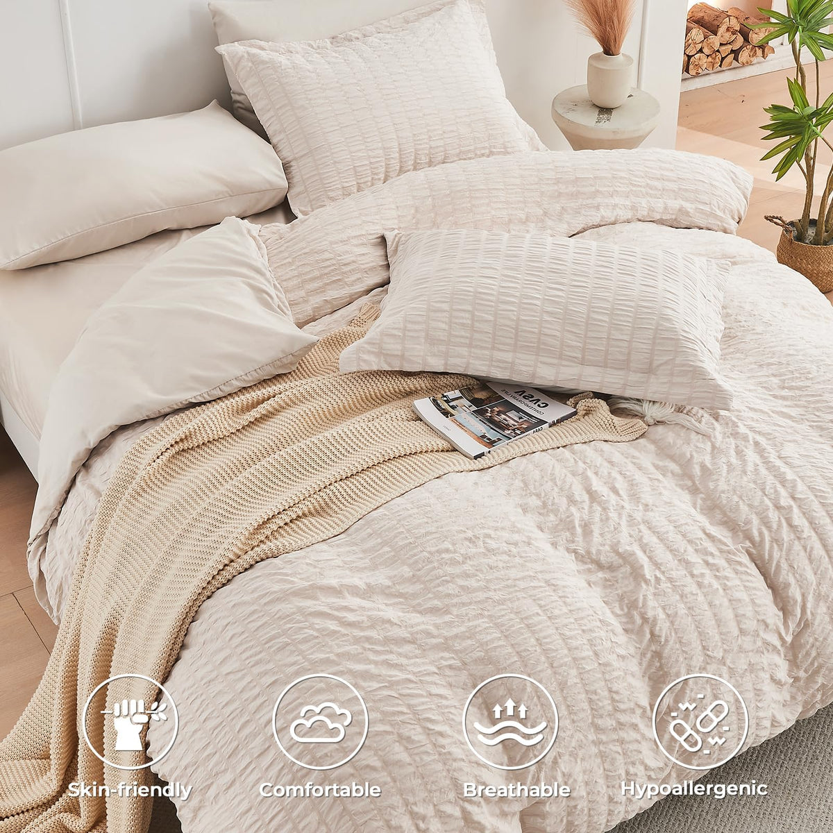 Comforter Set - 7PCS Bed in a Bag, Seersucker Bedding Set, Beige