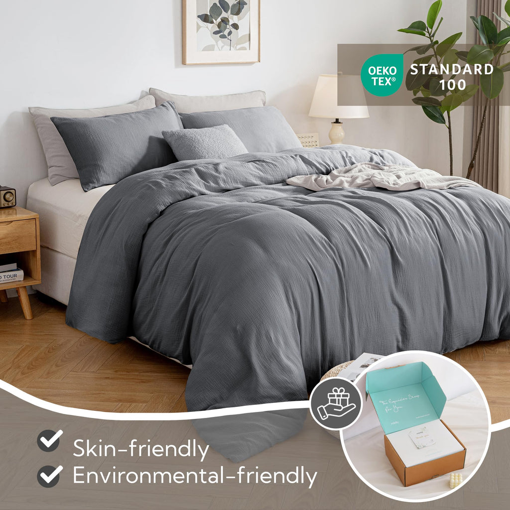 Muslin Duvet Cover - 100% Washed Cotton Linen Like Gauze Comforter Cover 3 Pieces Breathable & Lightweight for