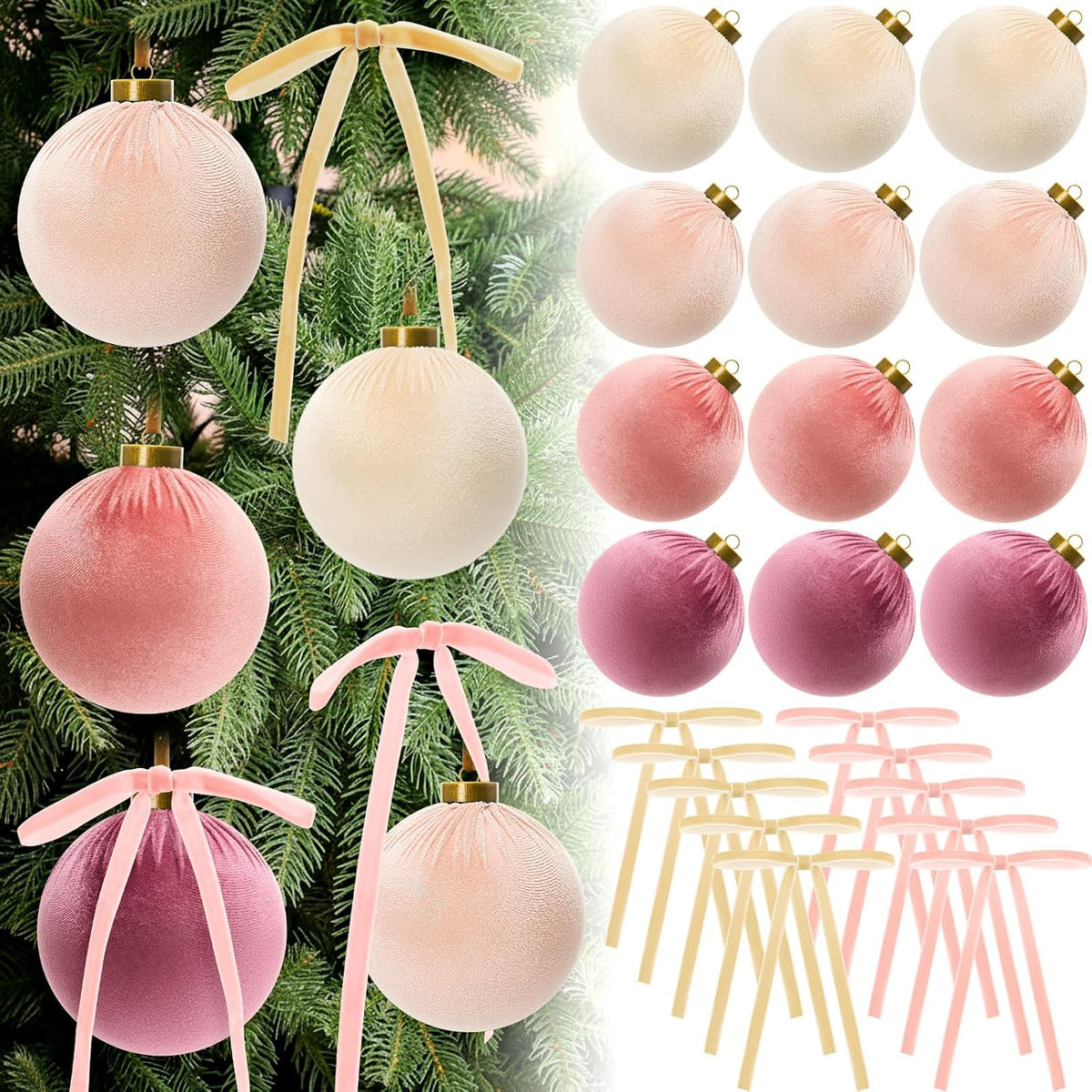 36 Pcs 4 Inch Velvet Christmas Ornaments Set with Bow, Pink