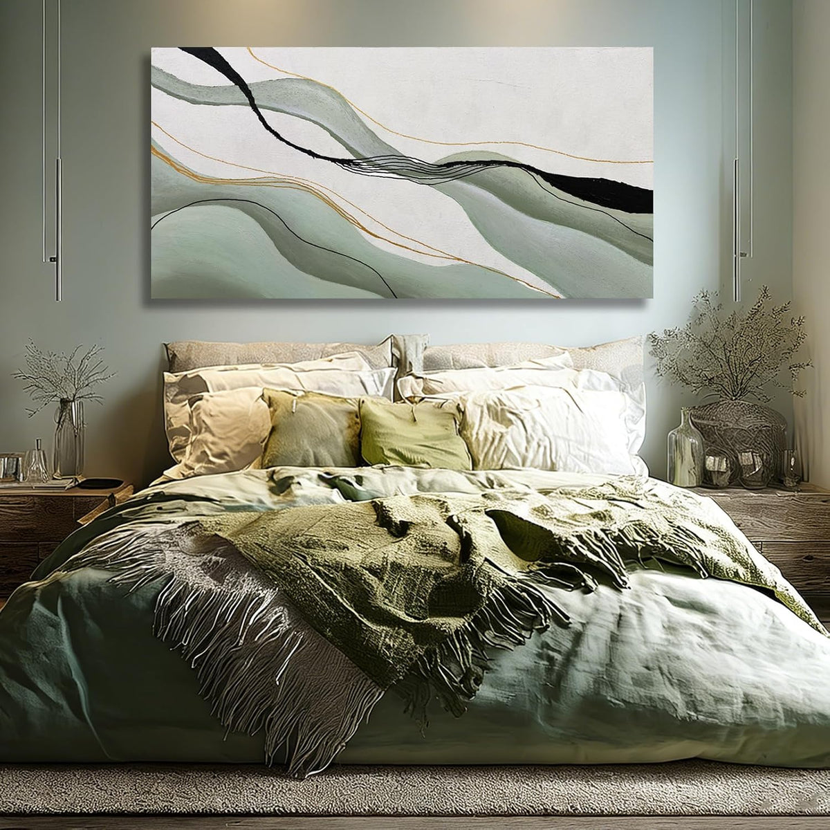 Green White Black Modern Abstract Art Print, Large Canvas Decor Bedroom Office Dining Room, 28x59 Inch
