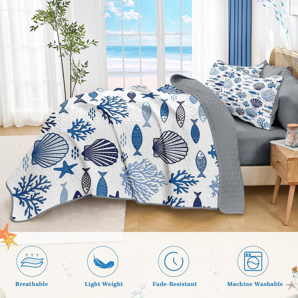 Quilt Set, 2 Pieces Ocean Coastal Bedding, Bedspread