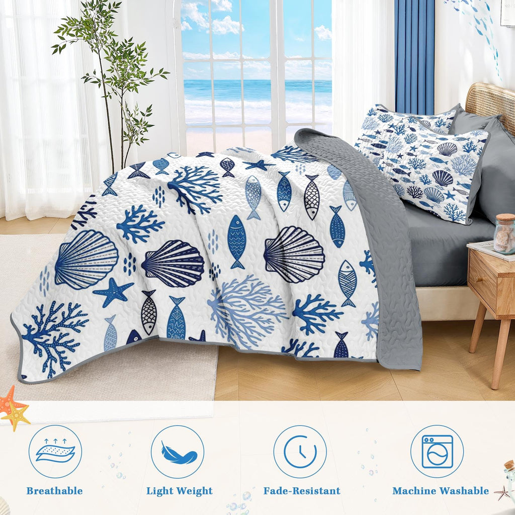 Quilt Set, 2 Pieces Ocean Coastal Bedding, Bedspread