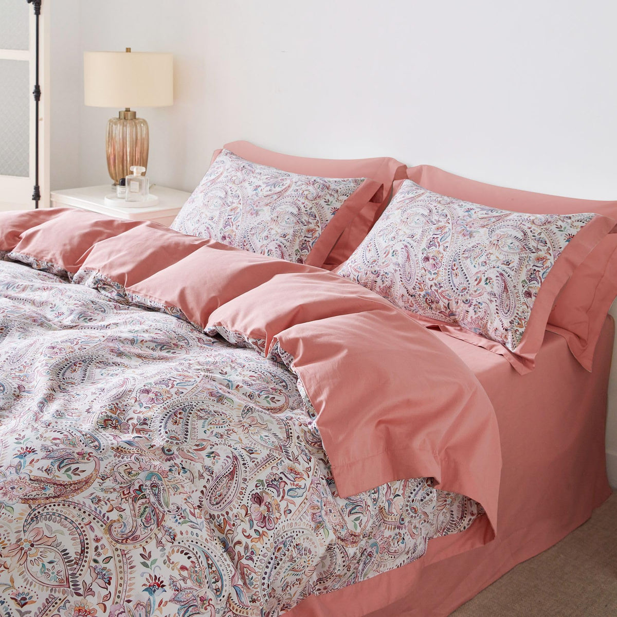 Pink Boho Paisley Duvet Cover Queen 100% Egyptian Cotton 3 Pcs