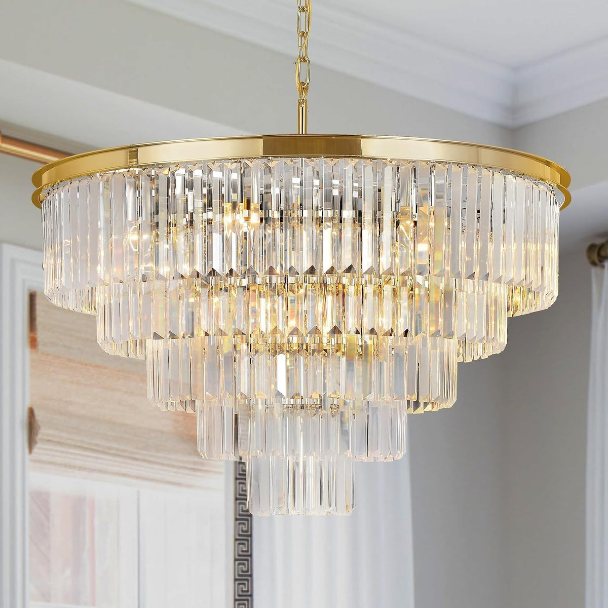 10-Light Gold-Plated Tiered Crystal Chandelier, Luxe Layered Light for Dining