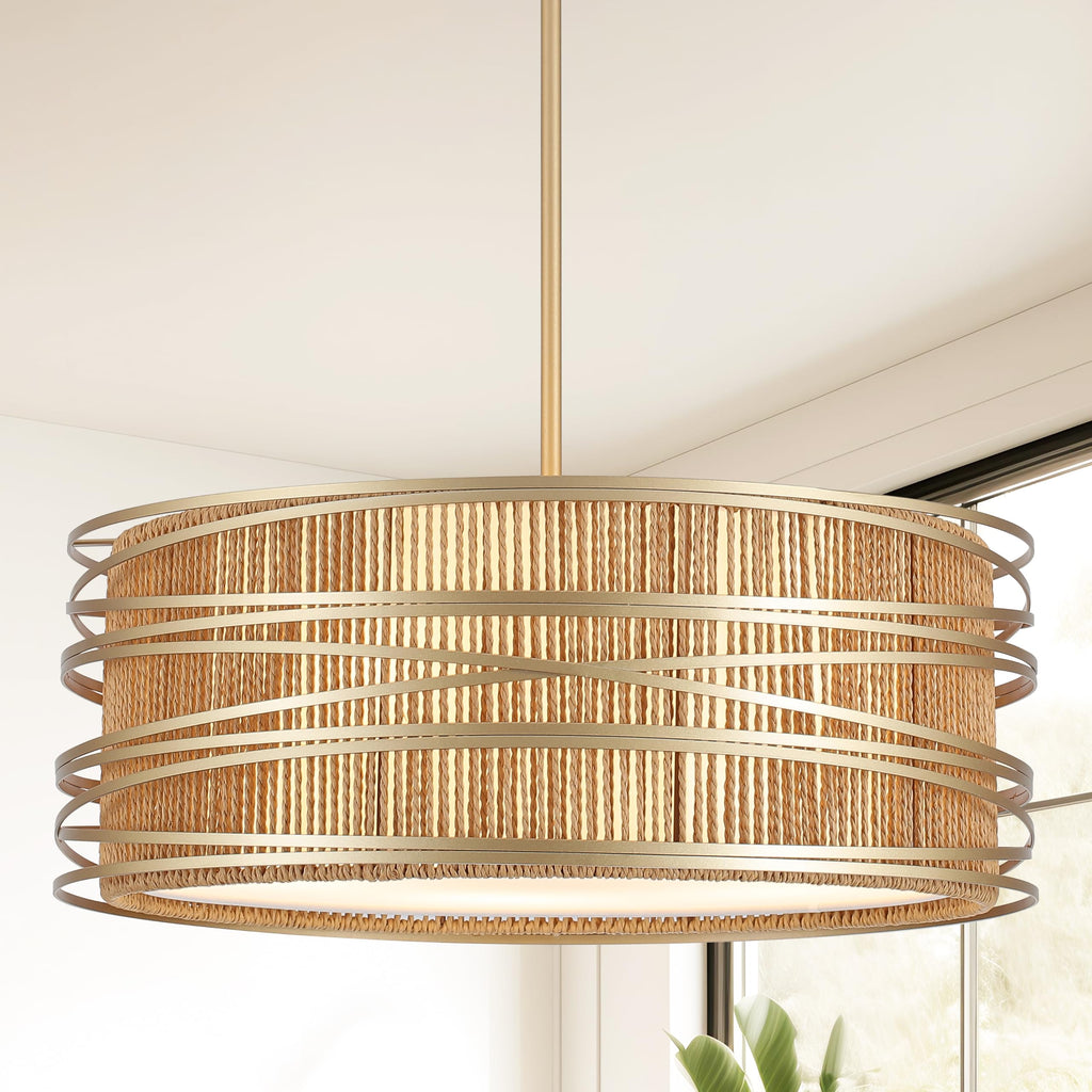 19.7" Rattan Chandelier 5-Light Boho Drum Pendant Light