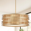 19.7" Rattan Chandelier 5-Light Boho Drum Pendant Light