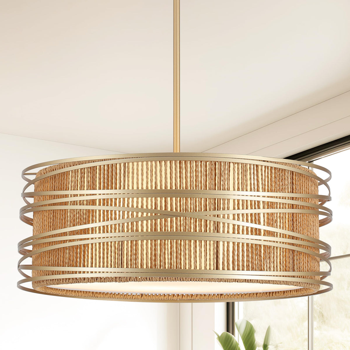 19.7" Rattan Chandelier 5-Light Boho Drum Pendant Light