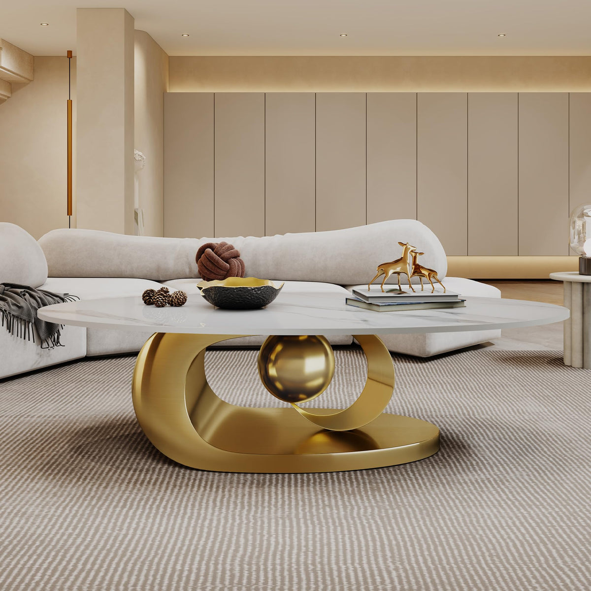 Inspired Saarinen Style Modern Coffee Table with Gold Stainless Steel Pedestal, Oval