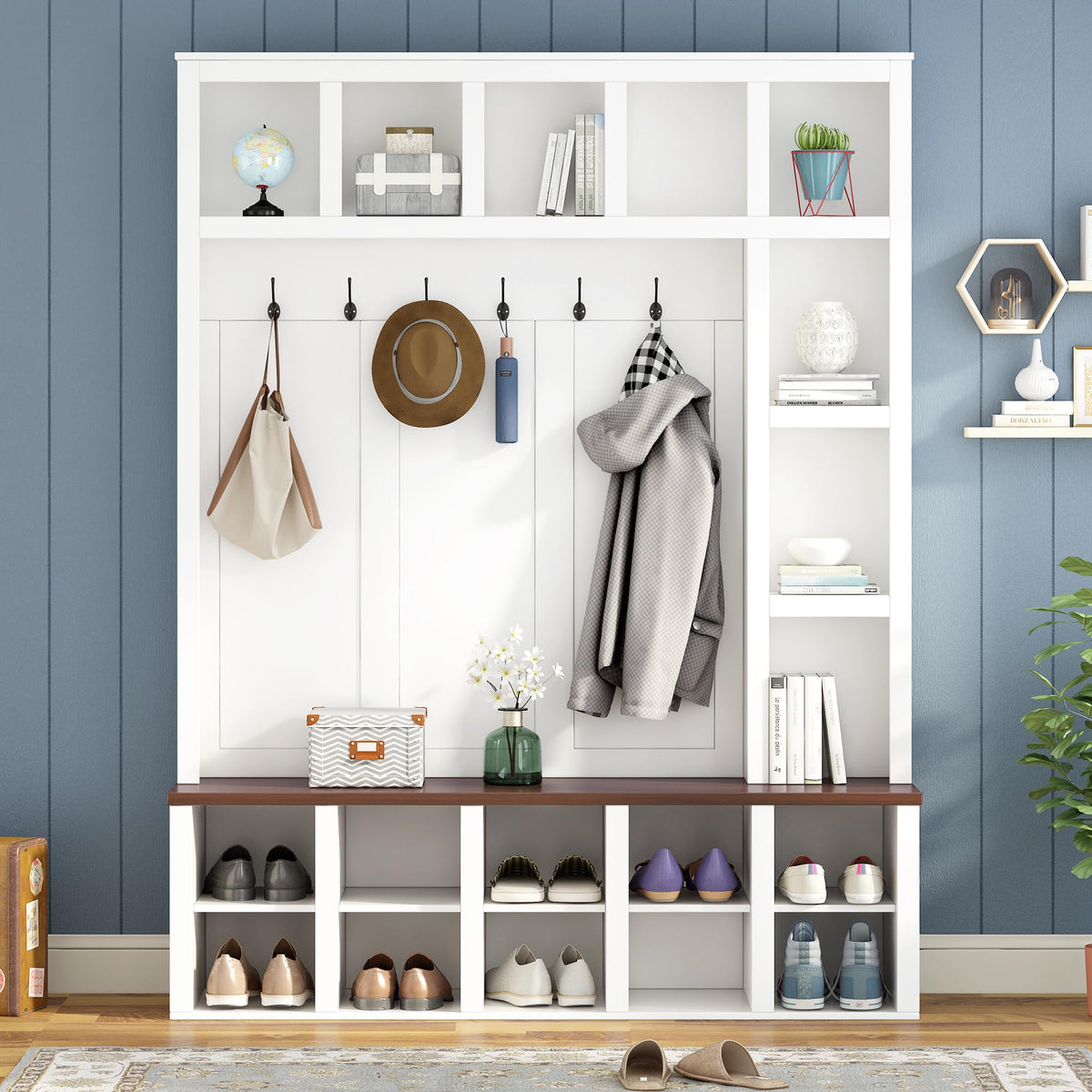 Versatile 59'' Wide Hall Tree with 6 Hooks and Multiple Storage Space, Farmhouse Practical Walnut Storage Bench with