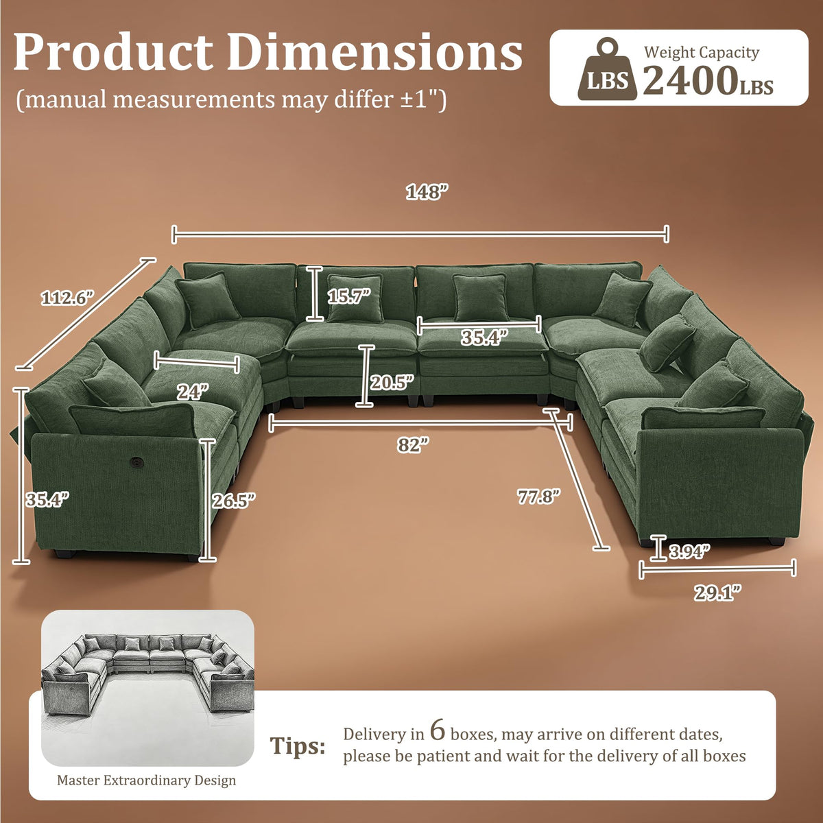147" Oversized Modular Sectional Sofa with USB Charging Port, Water-Repellent Stain-Resistant Fabric, Deep Seat