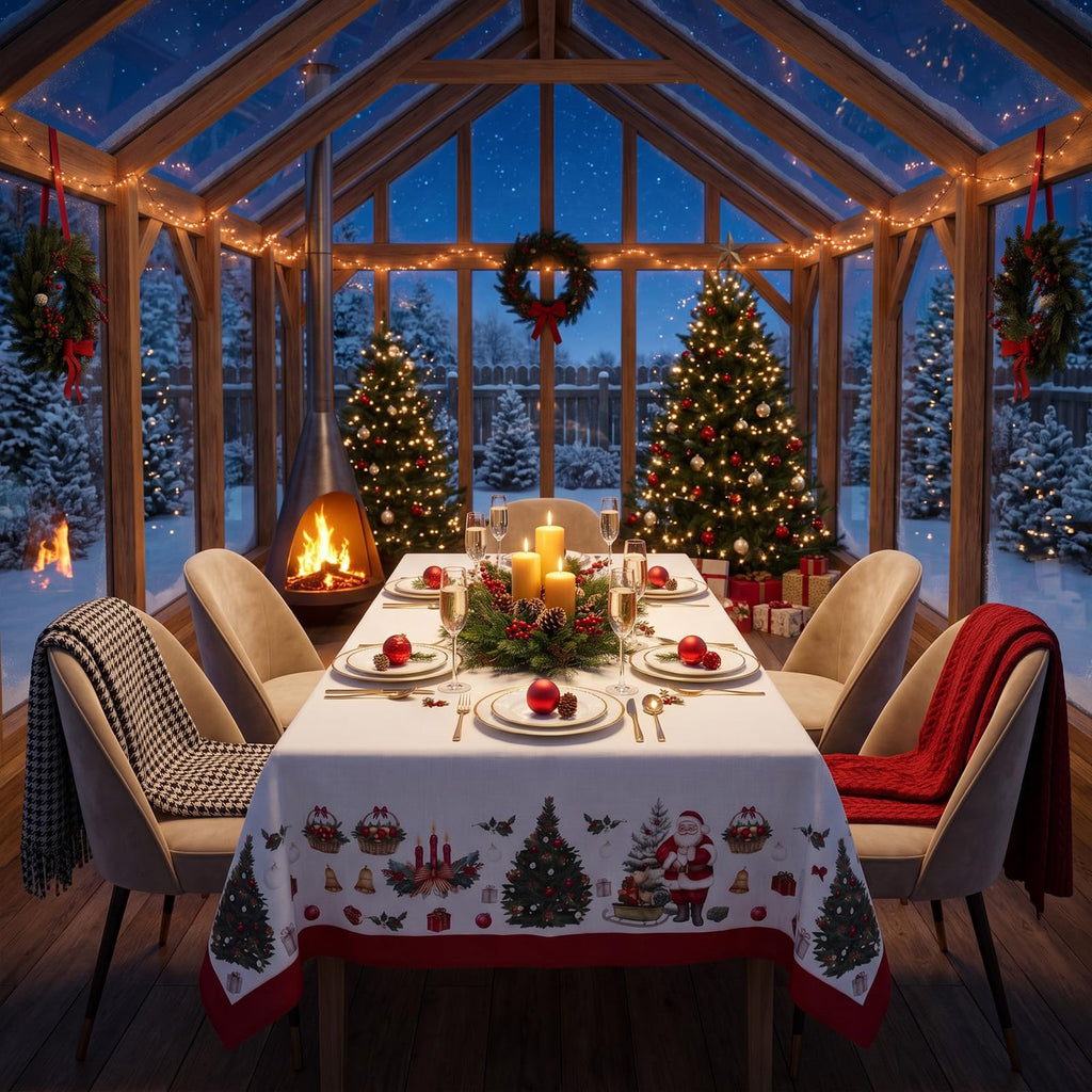 Christmas Tablecloth Santa Claus & Tree Print, 60 x 84 Inches