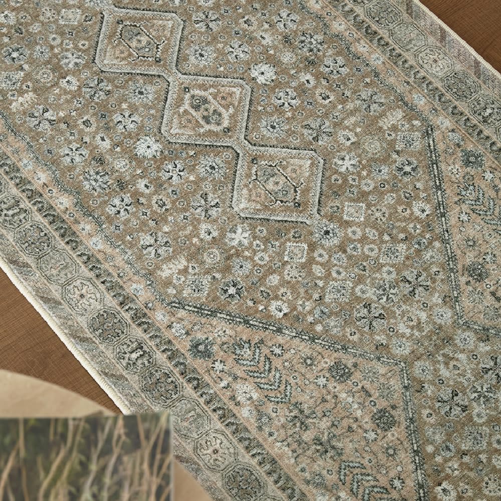 2'x8' Beige Brown Runner Rug, Washable Carpet