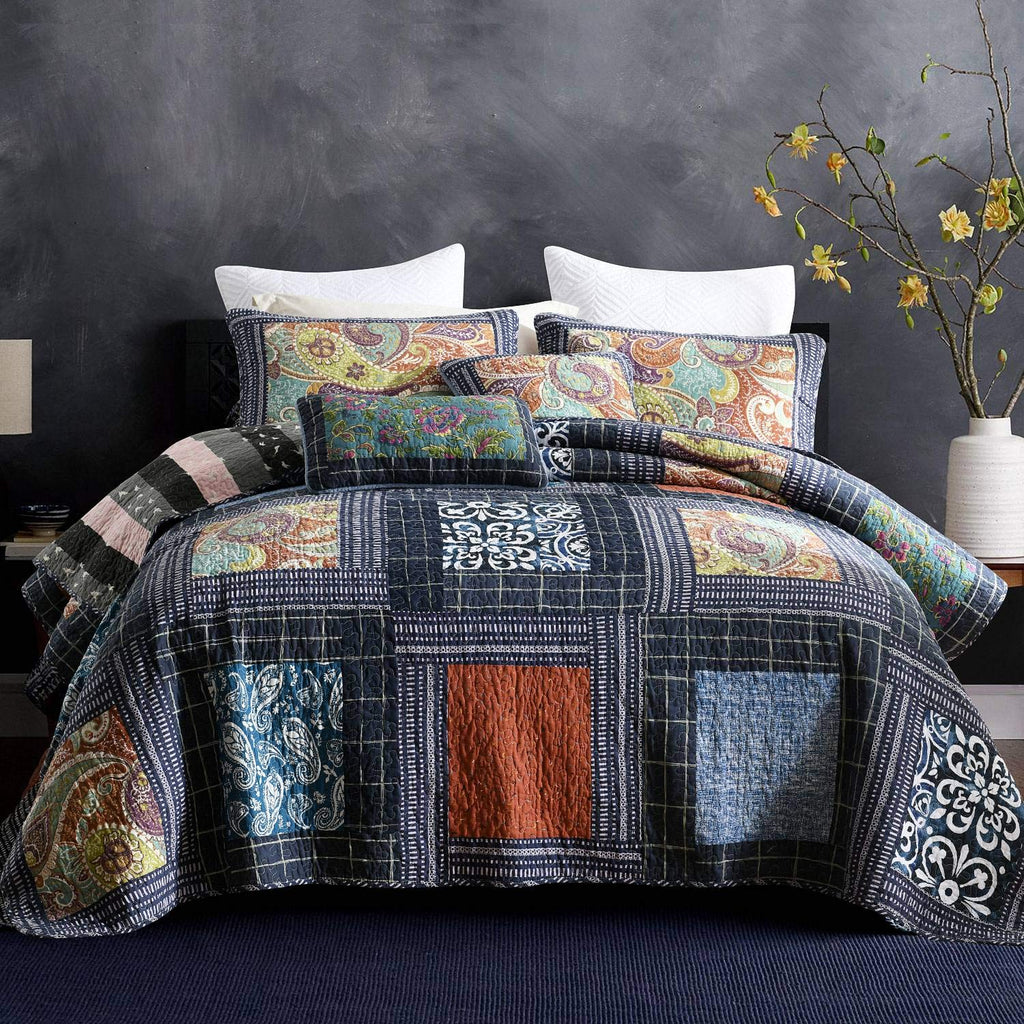 Bedspread Quilt Set with Real Stitched Embroidery, Paisley Grid Pattern, Queen Size