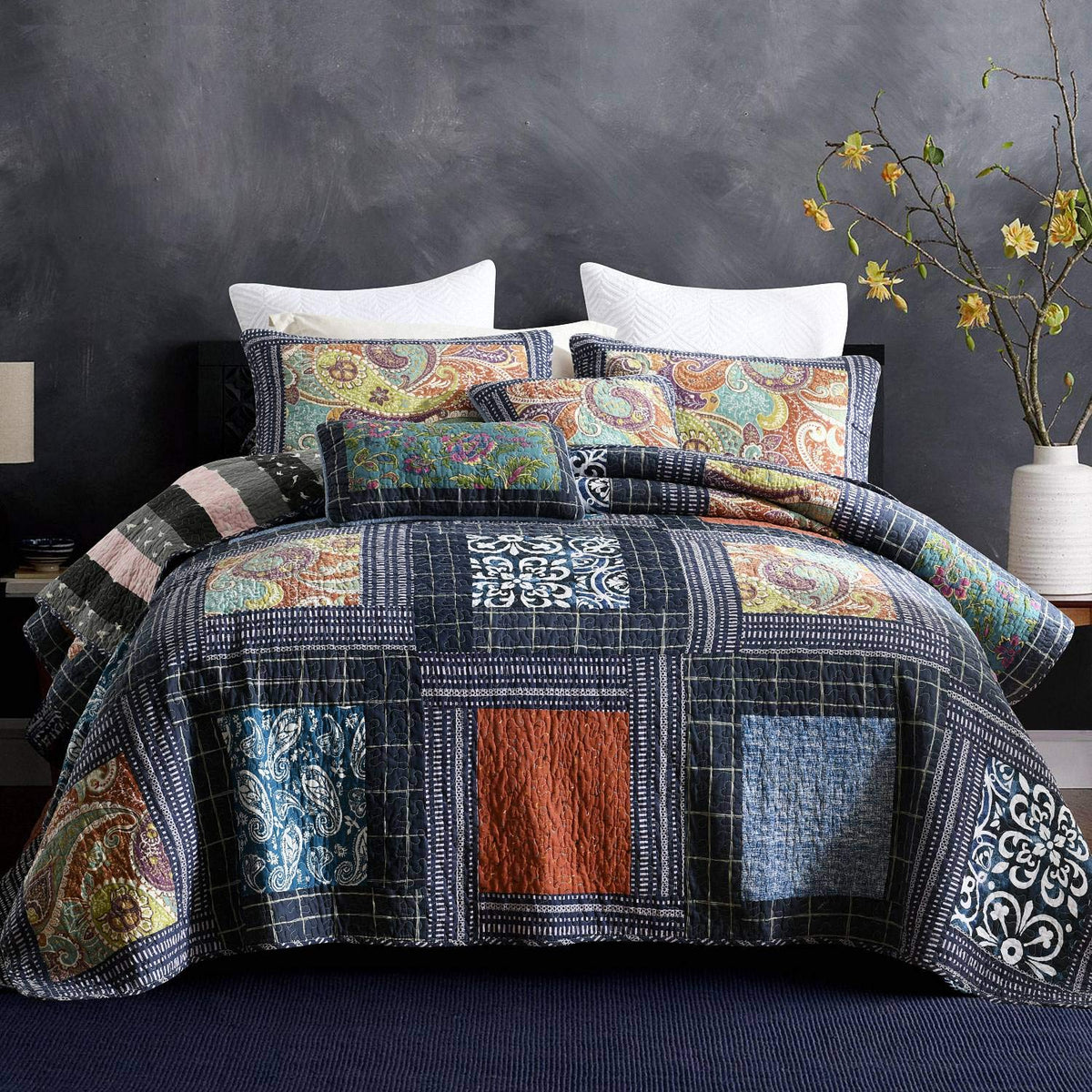 Bedspread Quilt Set with Real Stitched Embroidery, Paisley Grid Pattern, Queen Size