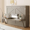 Queen Horizontal Murphy Bed with Desk and Storage Drawers & Mirror, Wood Farmhouse Folding Murphy Bed Cabinet with Storage Drawers and Vanity Desk, for Adults (Distressed Gray)