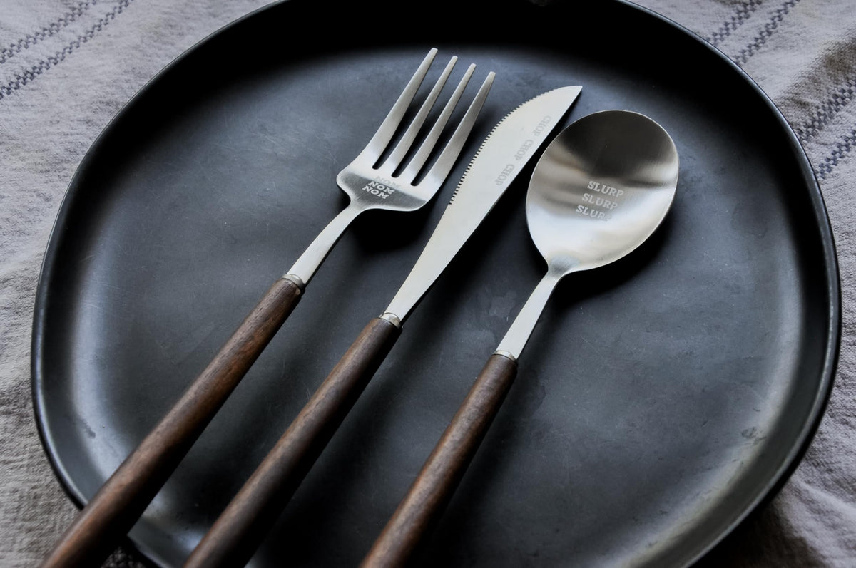 Fun Lightweight Stainless Steel Flatware Set with Walnut (4 Sets, NOM CHOP SLURP)