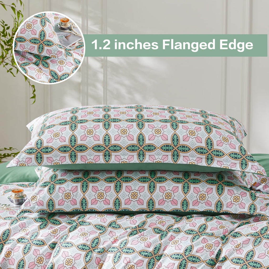 Full Boho Duvet Cover Green Paisley Bedding Set with 8 Corner Ties and 2 Pillow Shams Microfiber Reversible Duvet