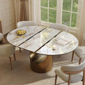 Modern Extendable Dining Table for 4-6, 47" to 63" Round to Oval Sintered Stone Kitchen Table with Carbon Steel Base