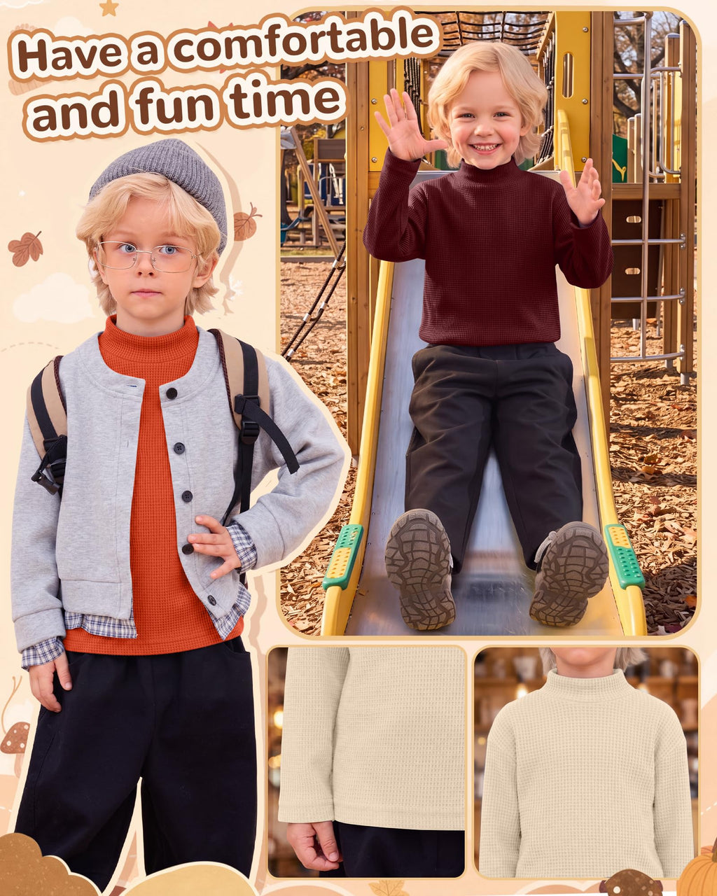 3 Pack Toddler Boys Turtleneck Shirts Long Sleeve 3Color
