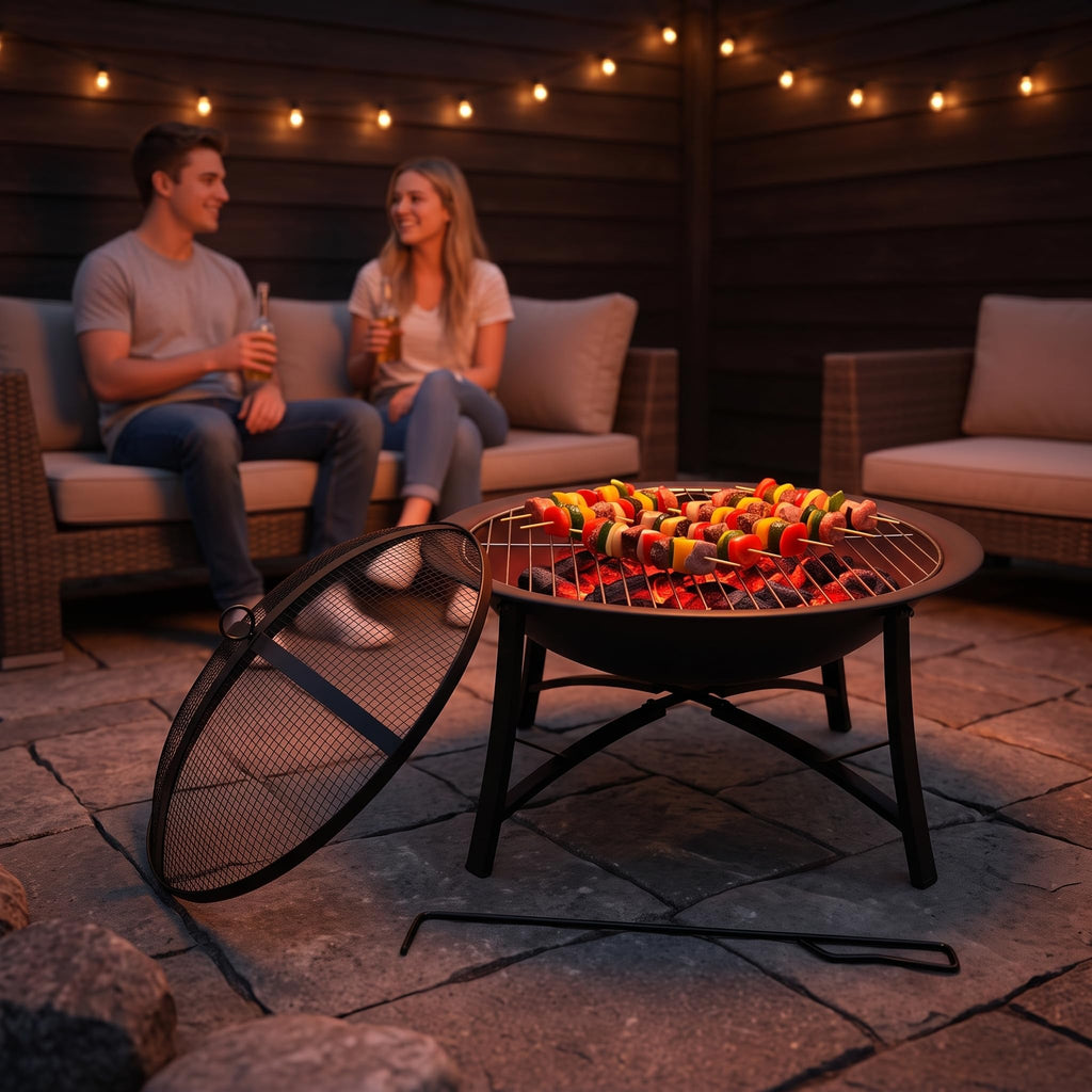 22" Wood Burning 2-in-1 BBQ Fire Pit with Spark Screen, Black