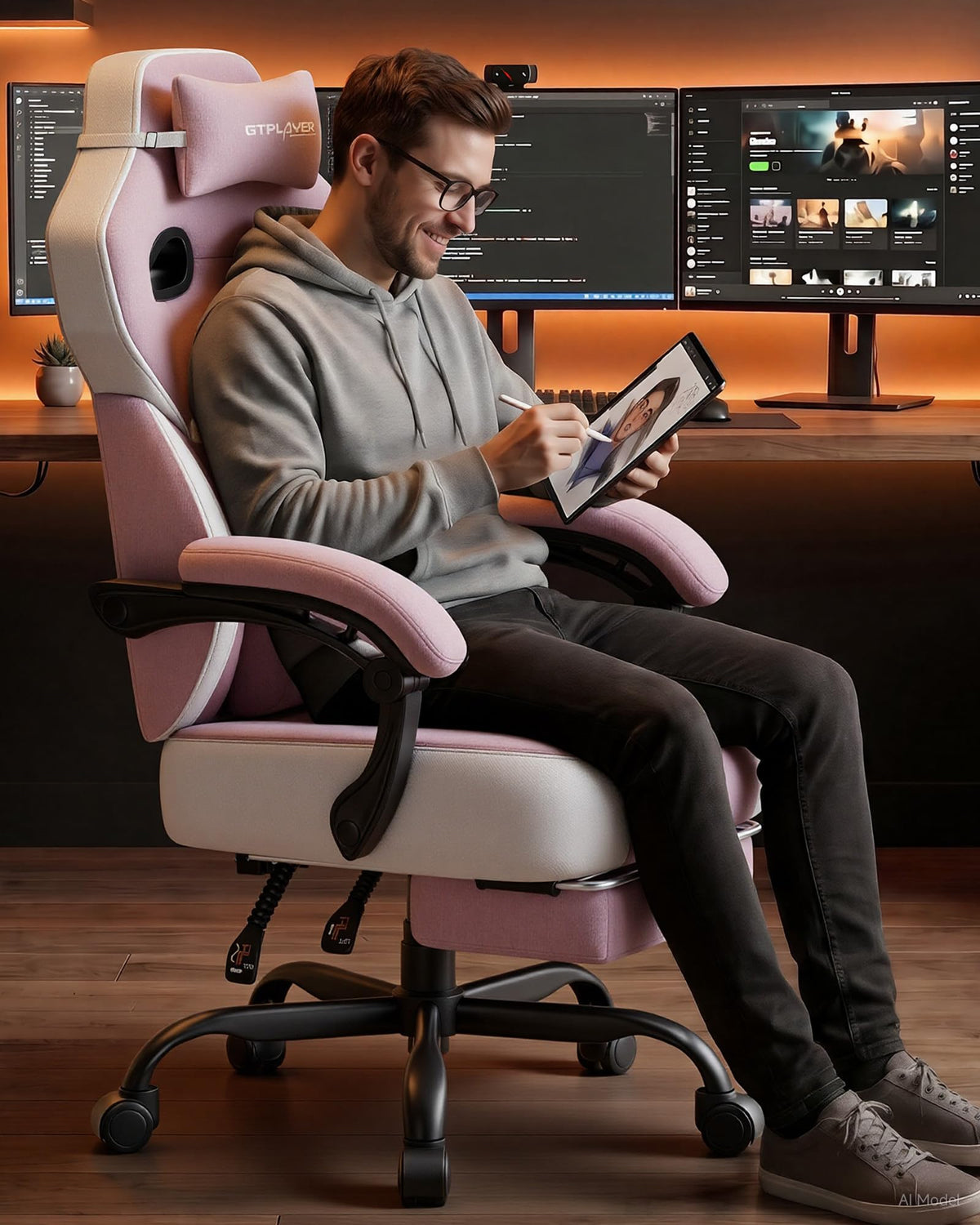 Big & Tall Gaming Chair, Wide Seat with Footrest, Pink
