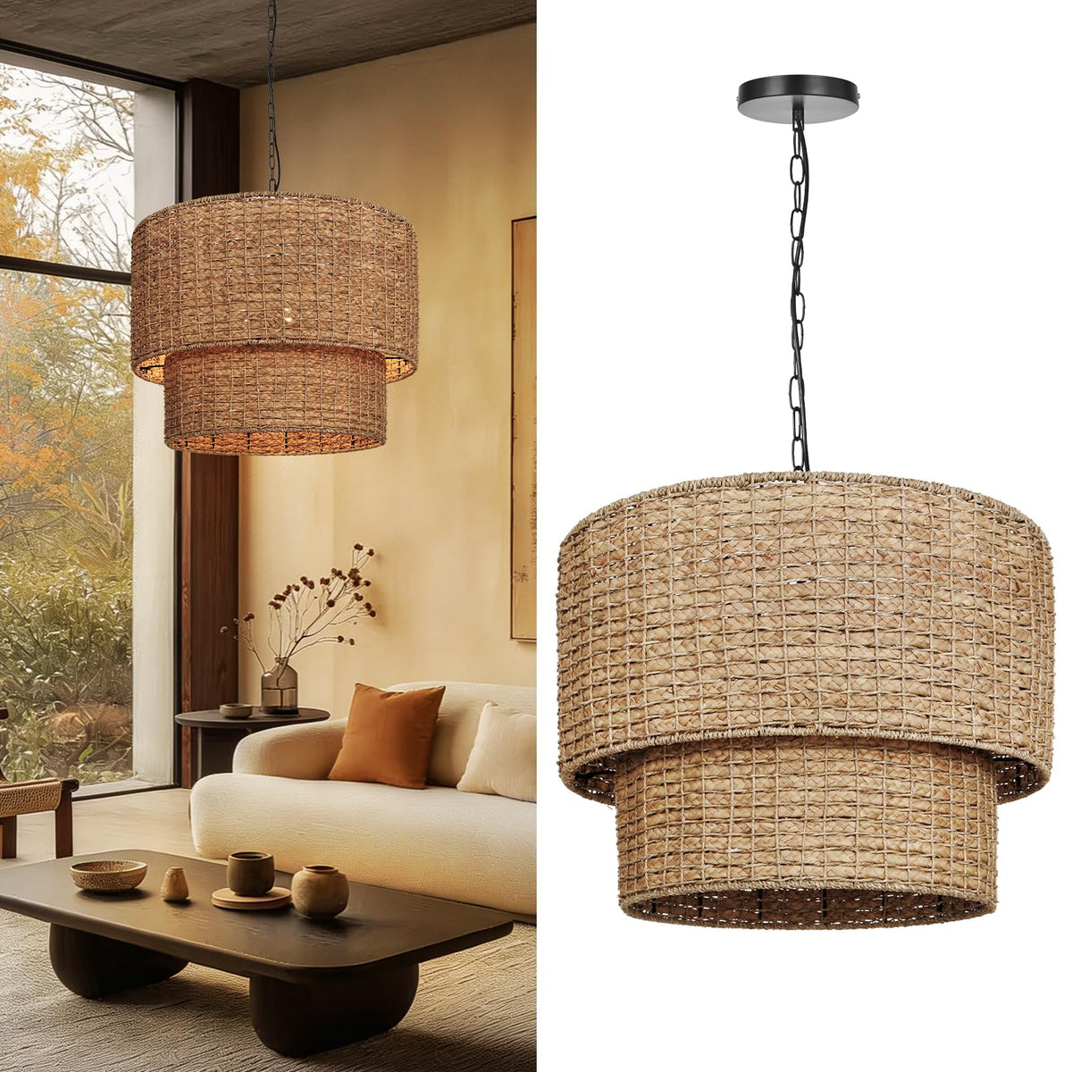 3-Light Boho Large Rattan Chandelier Light Fixture