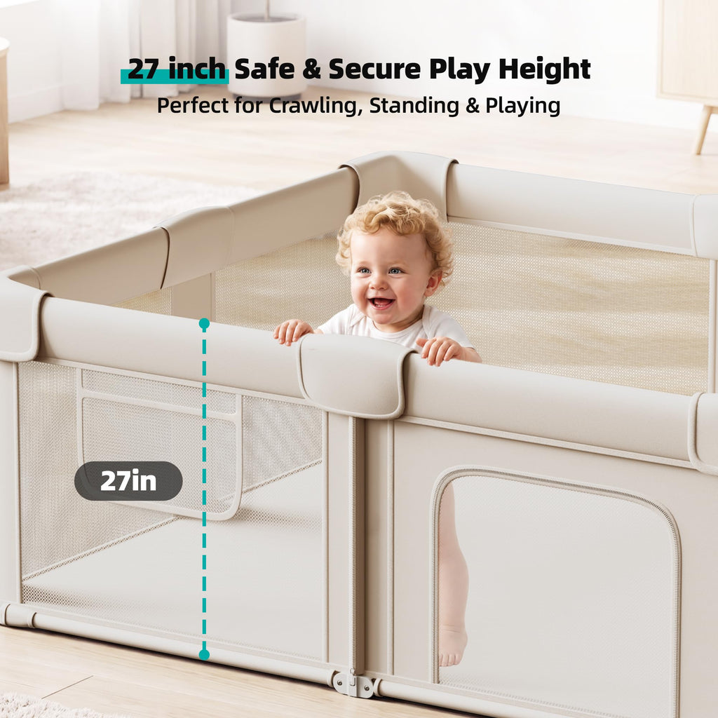 Foldable Baby Playpen with Mat, 71x59 Inches, Light Khaki