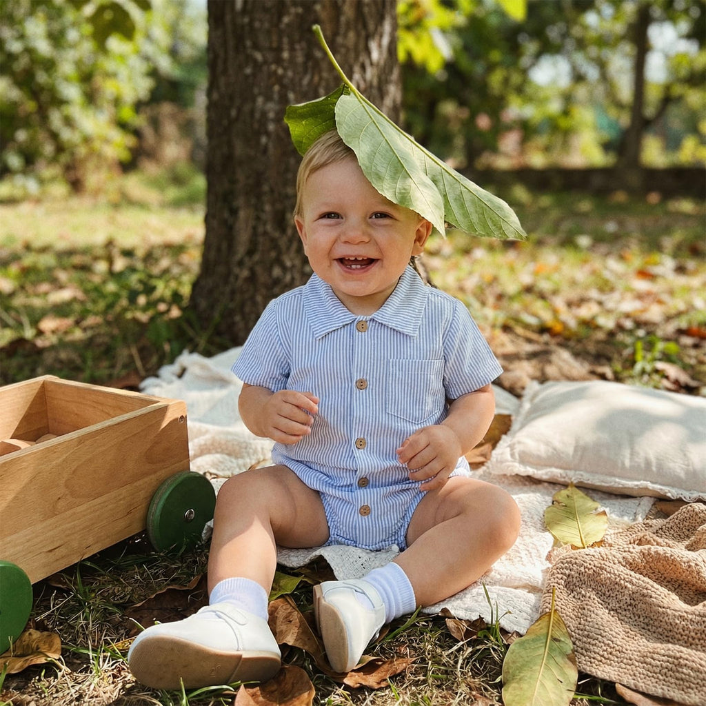 Newborn Baby Boy Clothes Turndown Collar Striped Long/Short Sleeve Romper Button Up Jumpsuit Shirt Bodysuit