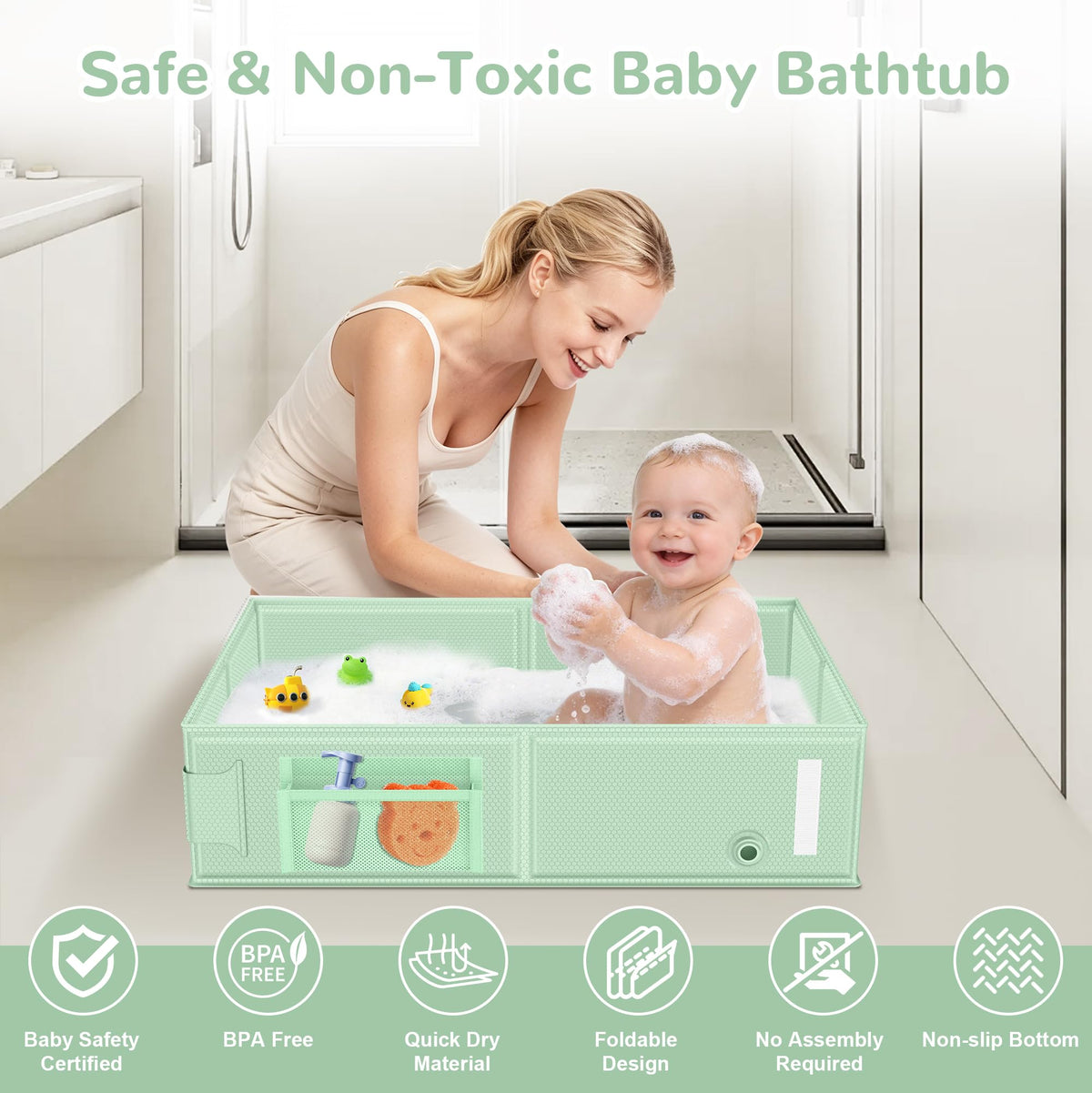 Collapsible Baby Bathtub, Foldable Toddler Bath Tub with Chick Pattern Bath Rinse Cup, No Assembly Portable Travel