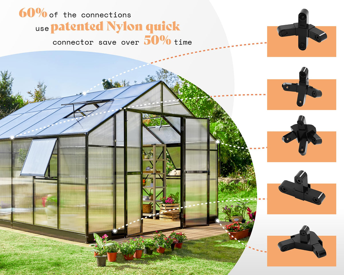 12x13.5x9 FT Polycarbonate Greenhouse with Quick-Connect Assembly