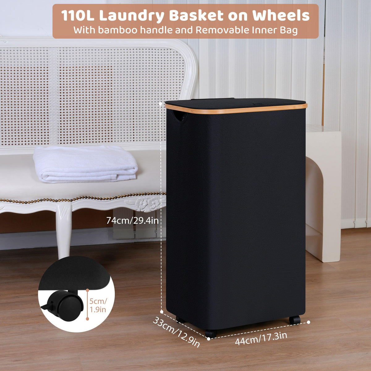 Laundry Hamper with Wheels 110L Laundry Basket with Mesh Bag,Black