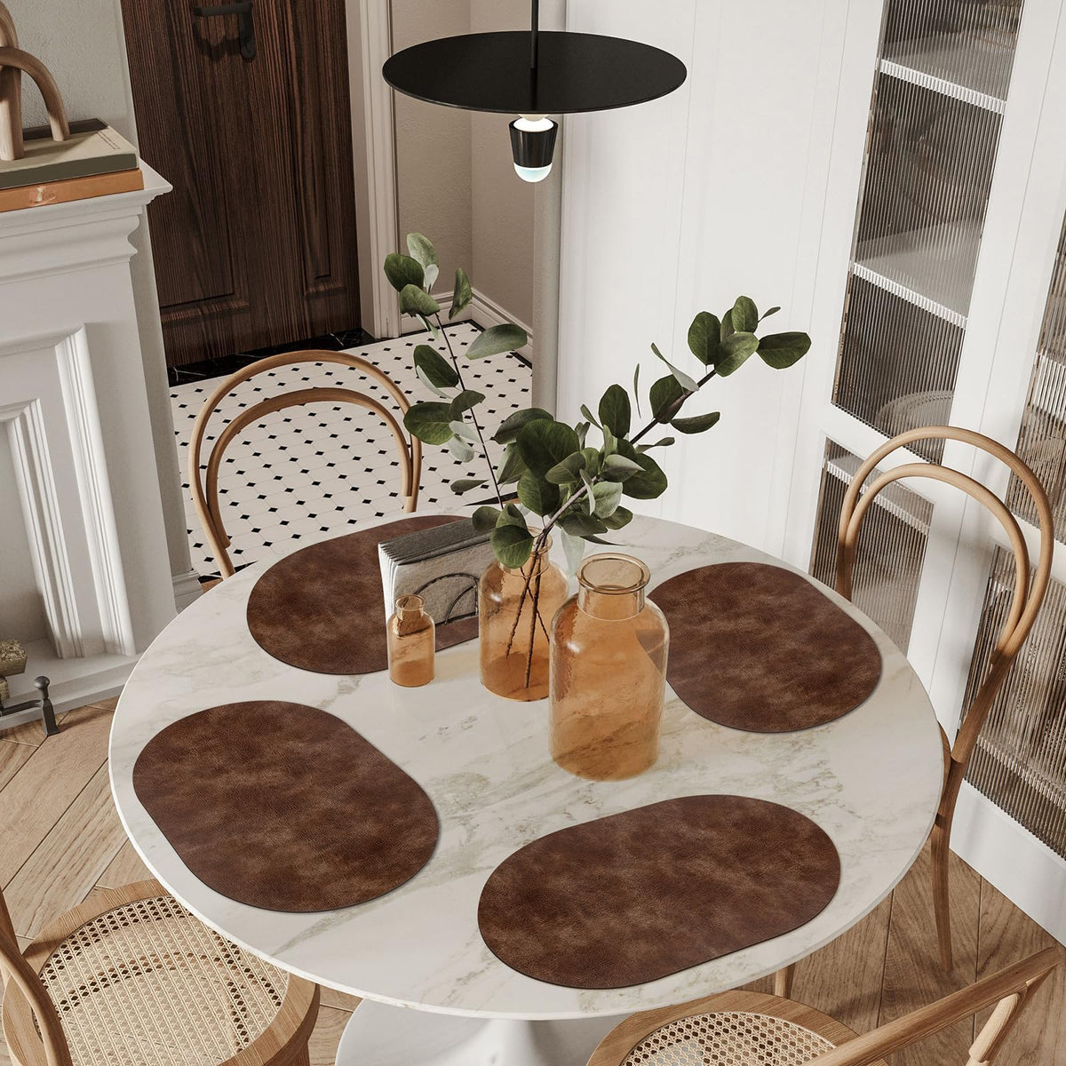 Oval Placemats Set of 12, Wipeable Faux Leather, Brown