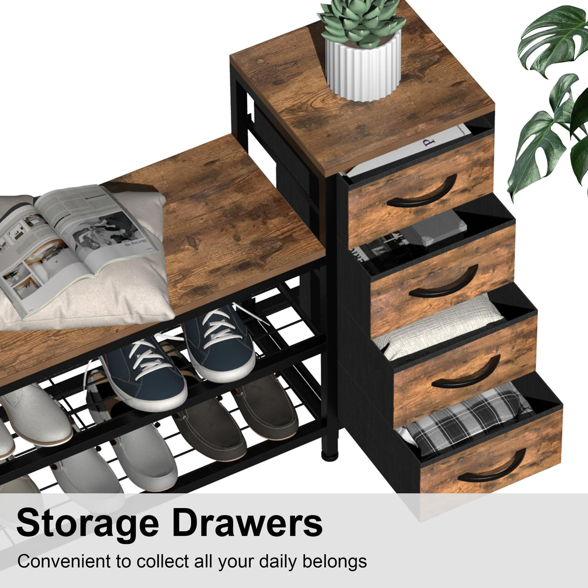 Industrial Shoe Storage Bench with 4 Drawers & Seat, Rustic Brown