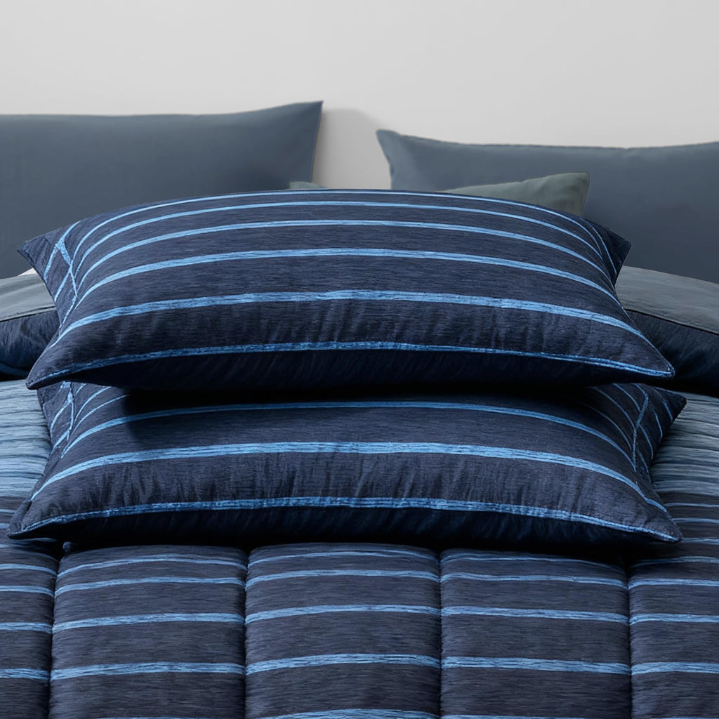 Comforter Set - 7 Pieces Bed in a Bag, Navy Blue-Stripe Bedding Sets, All Seasons Comforter Bed Set