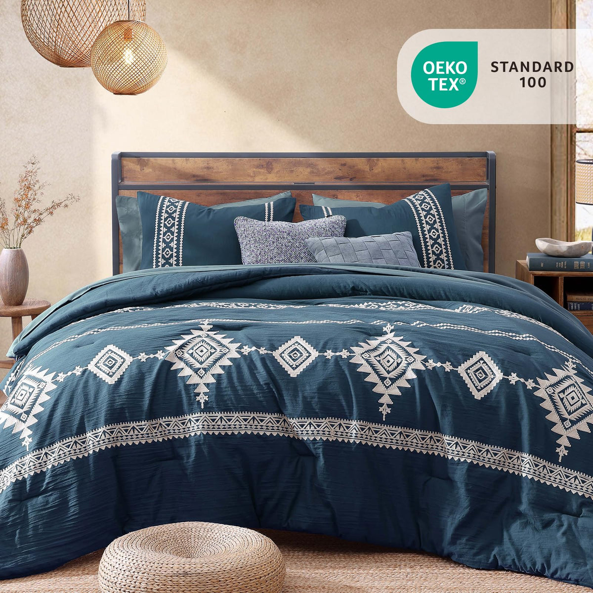 Embroidery Comforter Set 7 Pieces Navy Blue Bed in a Bag