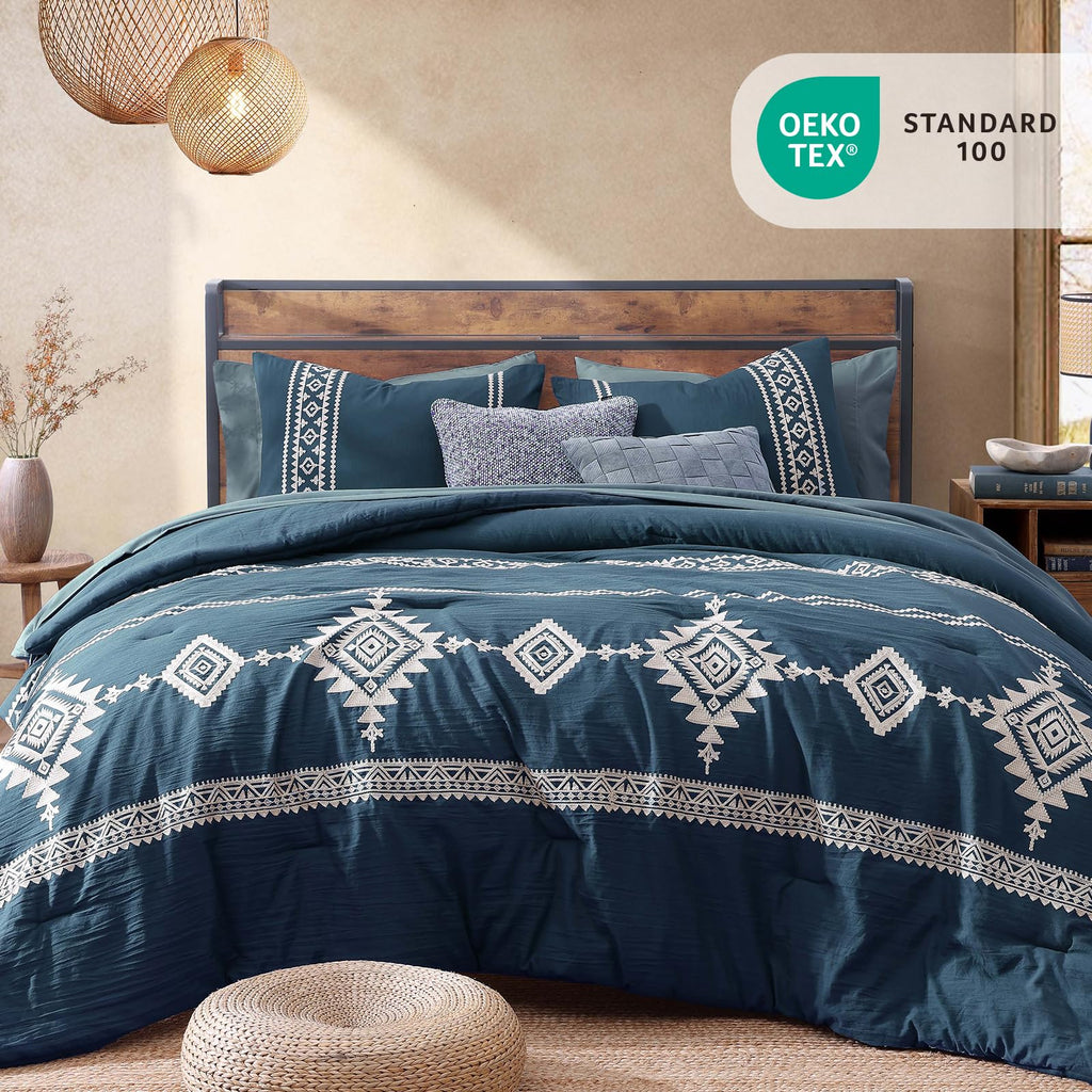 Embroidery Comforter Set 7 Pieces Navy Blue Bed in a Bag